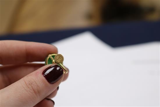 A pair of yellow metal and jade ear clips and a simulated jade pendant.